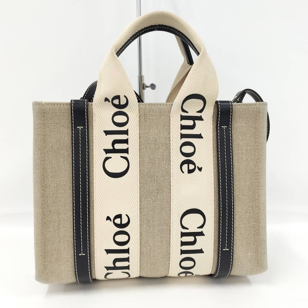 Chloe Beige Woody Canvas Shoulder Tote Bag Tan